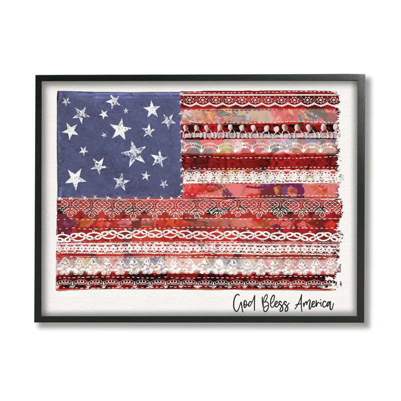 Drapeau «God Bless America» à motif de macramé, Giclée encadrée noir minuit, H 11 po x l 14 po x P 1,5 po