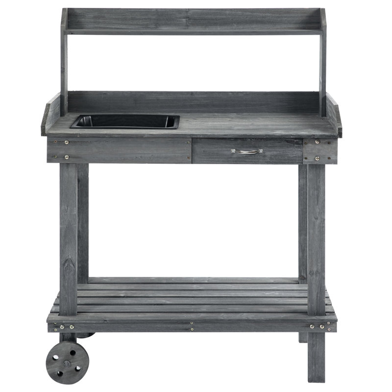 36'' Gray Wooden Potting Bench With Sink, Drawer, And Ample Storage - Moveable Outdoor Workstation By Work Table Removable Wheels, Drawer & Extensive Space,