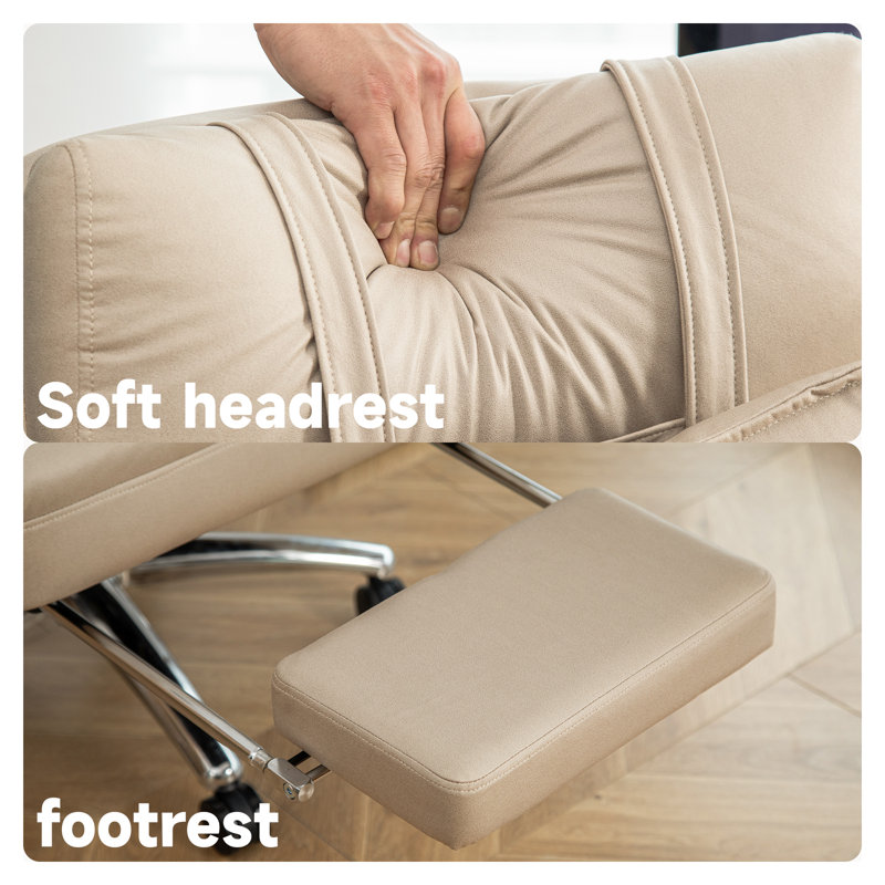 Fauteuil de bureau beige ergonomique à haut dossier avec support lombaire - Fauteuil de direction inclinable et pivotant à 155 °, Fauteuil d'ordinateur en cuir avec repose-pieds
