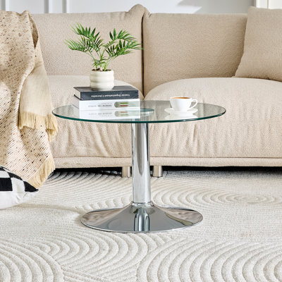 27.5 Inch Diameter Round Tempered Glass Coffee Table - 17.7" High, Silver Metal Base, Light Luxury Edge