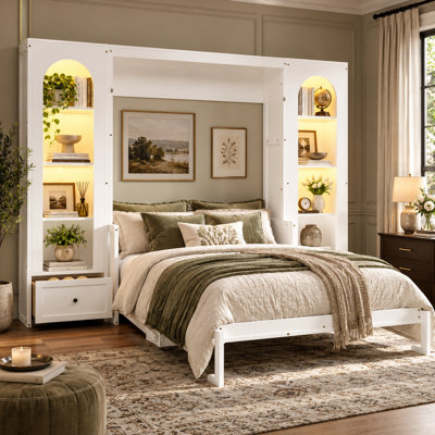 Queen Size Murphy Platform Bed with 2 Side Bookcases, Built-in Desk, LED Light Strips & Drawers, Solid Wood Wall Bed with Arched Storage Cabinets
