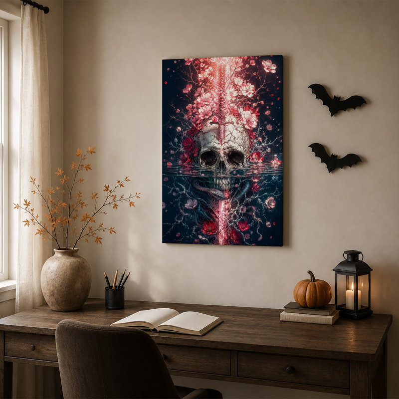 Art mural sur toile, "Crâne rougeoyant avec fleurs de cerisier et serpents", 30"H x 20"W