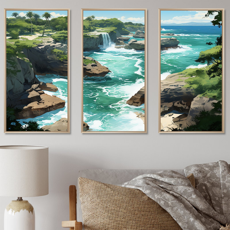Vue aérienne côtière de l'île, sérénité, art mural tropical côtier, Cadre flottant brun, H 28 po x l 36 po x P 1 po