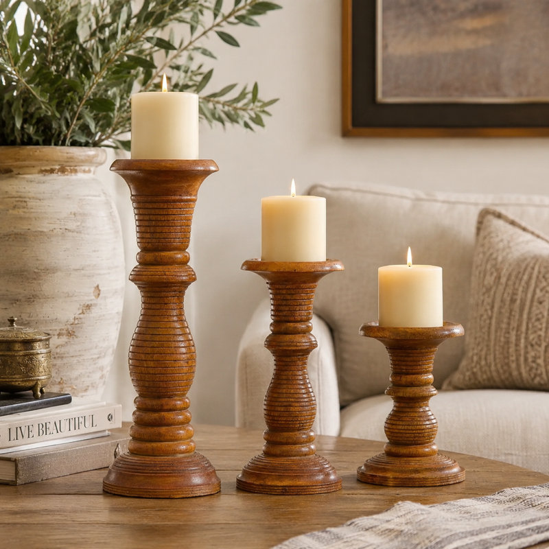 Handcrafted Mango Wood Pillar Candle Holder (Set of 3) , Medium Polish