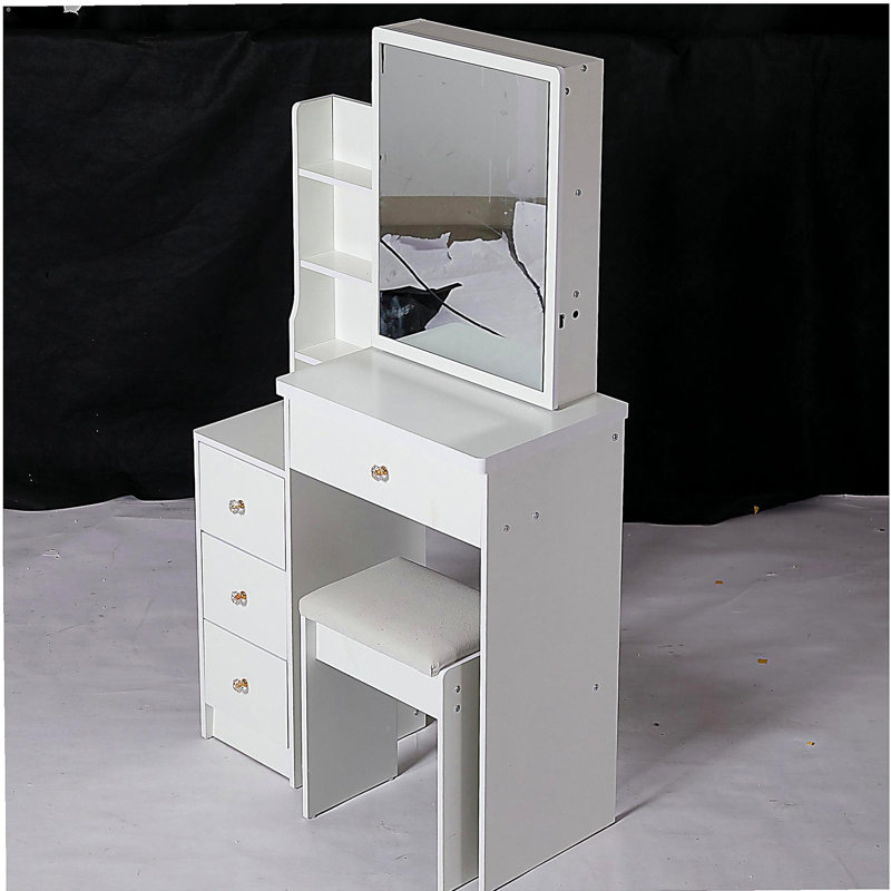 29.2" Small Space Left Bedside Cabinet Vanity Table + Cushioned Stool,Extra Large Right Sliding Mirror,Multi Layer High Capacity Storage,Practical Fashionable Dresser,Suitable for Small Space