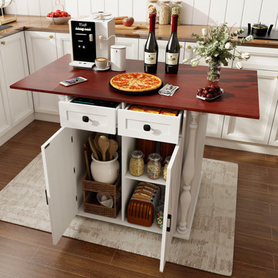 Large Rolling Kitchen Island Cart With Folding Countertop, Double-Sided Storage, Wine Rack & Adjustable Shelves – Mdf Mobile Kitchen Island With Roman Column Design