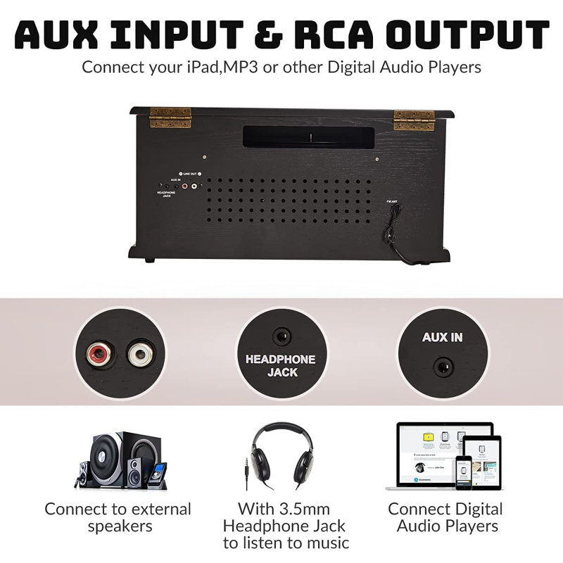 Tourne-disque en vinyle Direct Power 10-en-1, tourne-disque classique Wood Audio avec haut-parleurs intégrés Bluetooth, Black