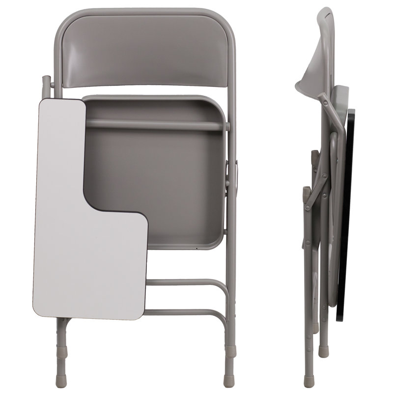 Beige and Brown Metal Folding Chair with Tablet Arm