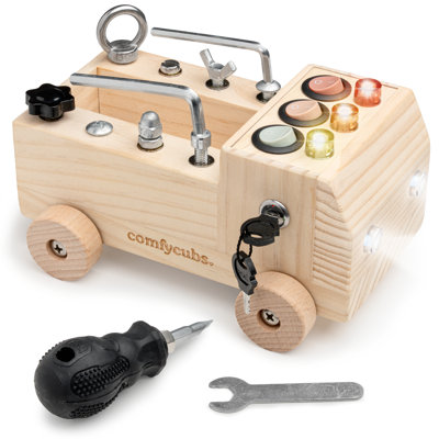 Comfy Cubs Busy Board Truck Toy Set, - Montessori Wooden Activity Board with LED Light Switch, Tool Features & Pine Wood Design for Kids 3+