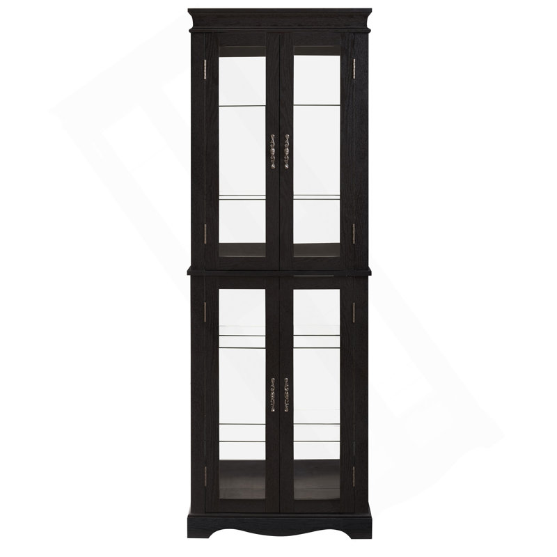 Lighted Glass Curio Display Cabinet With Wood Frame - Elegant Glass Storage For Wine, Toys & Collectibles - Perfect For Living Room, Kitchen & Pantry - Bulb Included, Black