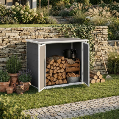 Horizontal Outdoor Storage Shed With Ramp & Hydraulic-assisted Lid, Lockable Weather-resistant Trash Can Storage Cabinet