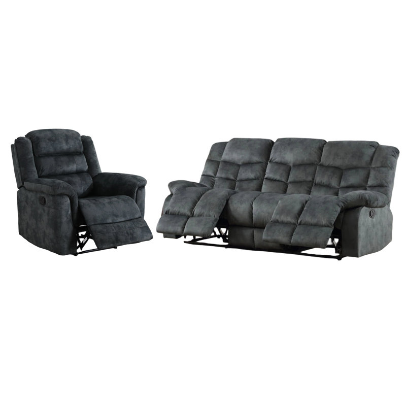 Ensemble de salon 2 pièces inclinable manuel en microfibre classique - Fauteuil inclinable et canapé, Gris verdâtre