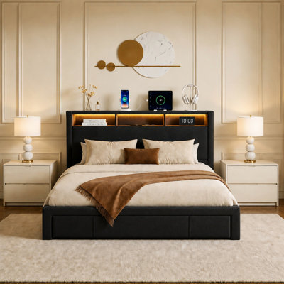 Queen-size upholstered bed with drawers, equipped with an upholstered storage headboard, heavy metal crossbar support, LED and USB charging, silent design, black (mattress not included)