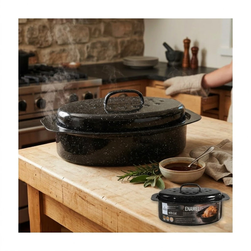 Enamel Oval Non-stick Roaster With Lid