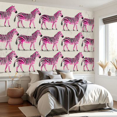 Papier peint auto-adhésif zèbre rose noir à motif de zèbre, adhésif mural amovible H 69 po x l 96 po, papier peint amovible en PVC pour chambre à coucher, bureau à domicile