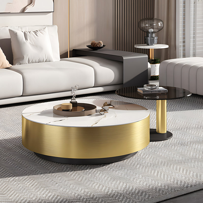 Ninah No-Assembly Required, Modern Light Luxury Round Nesting Coffee Table With 1 Drawer, Glass Rock Panels