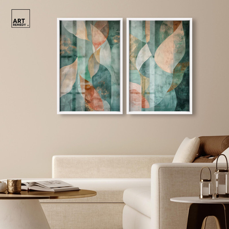 «Emerald Ember Duo Shadowbox», ensemble d'art mural Sage Gold par Art Remedy, H 31 po x l 21 po, White Frame