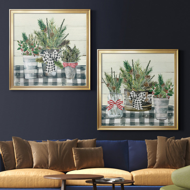 Christmas Gingham I - ensemble de 2 reproductions d'art sur toile tendue, Toile avec cadre doré, Pas de tapis