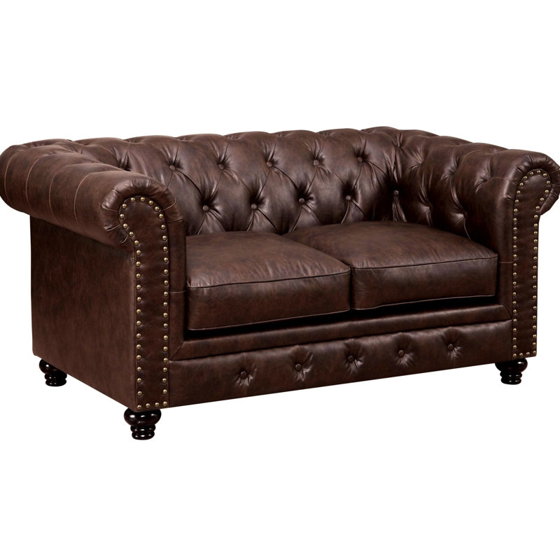 Bouton brun avec accoudoirs roulés et garniture cloutée, style transitionnel moderne, 66,69 po de profondeur, 38,5 po de largeur, 33 po de hauteur, poids contemporain de 95 lb