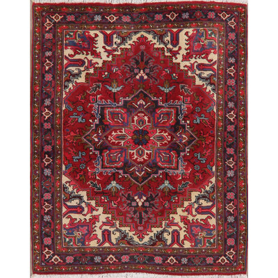 Tapis unique en laine noué à la main Heriz rouge 5 pi 1 po x 6 pi 4 po New Age One-of-a-Kind Nizamuddin