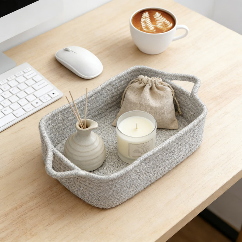 Woven Cotton Rope Storage Basket With Handles, Collapsible Organizer For Shelves, Closet, Nursery, Office & Pet Toys, Gray