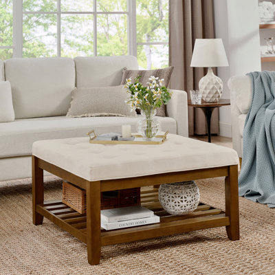 Upholstered Tufted Linen Large Square Ottoman Coffee Table Beech Wood Shelf Frame Oversized Footrest