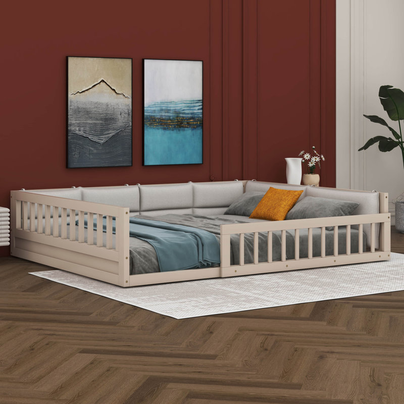 Wood Full Size Upholstered Platform Bed With Guardrail And Pillow, Beige