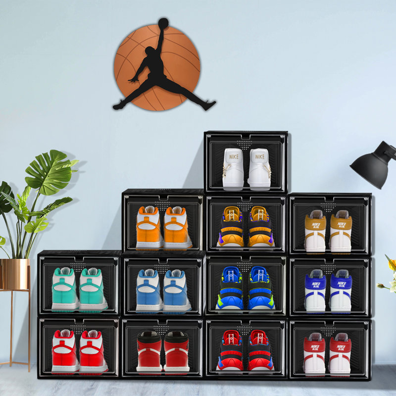 6 Pack Stackable Large Shoe Containers Shoe Storage Box with Hard Plastic Drop Front for Sneakers, Black