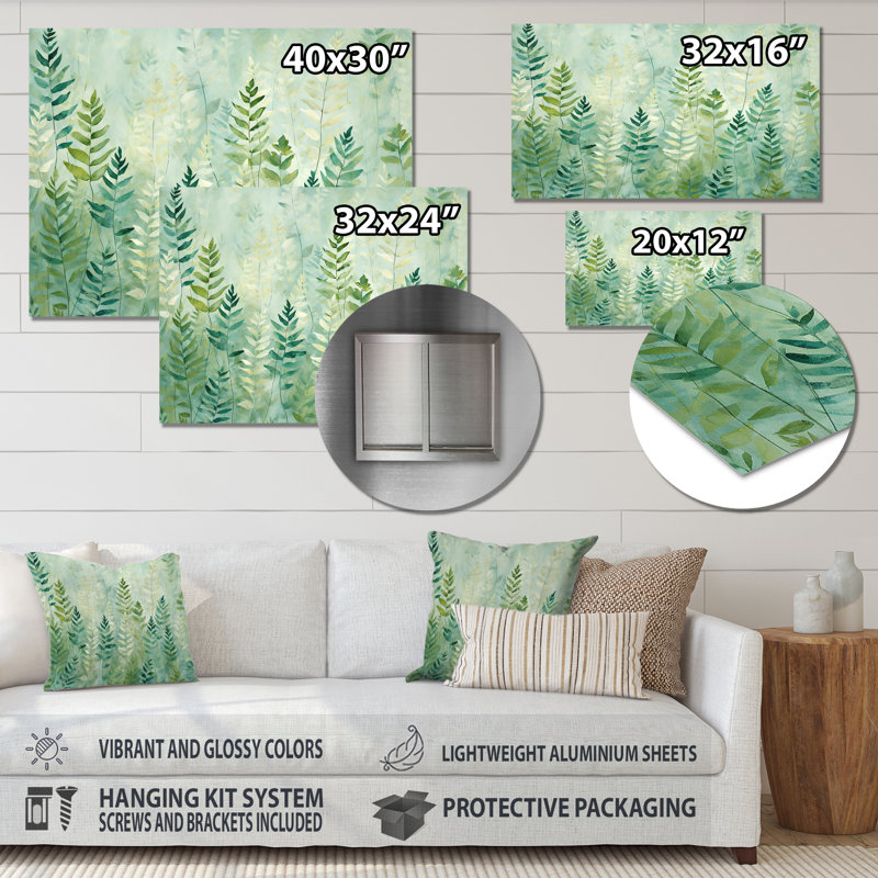 Décoration murale en métal vert et blanc Serene Ferns III - Abstract Botanicals, H 30 po x l 40 po x P 1 po