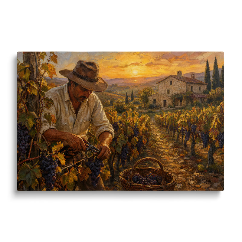 Reproduction sur toile d'une peinture représentant des vendanges au coucher du soleil dans un vignoble - 50 x 75 cm