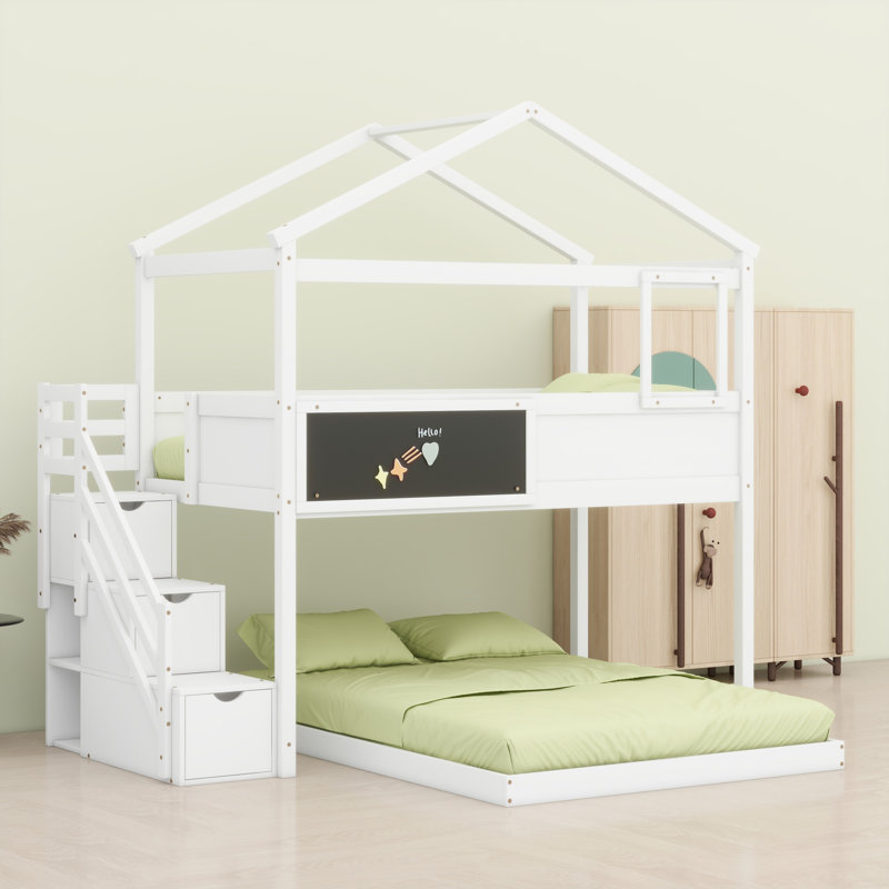 House Bunk Bed With Storage Staircase And Blackboard, White