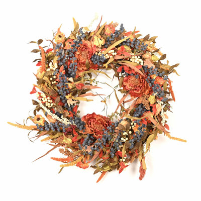 24" Artificial Farmhouse Fall Foliage Peony Berry Thanksgiving Day Floral Wreath For Front Door