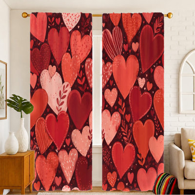2Pcs romantic heart pattern curtains, light filtering fabric, vibrant red print, decorative privacy protection, rod-pocket design, suitable for living room, bedroom, kitchen home decor