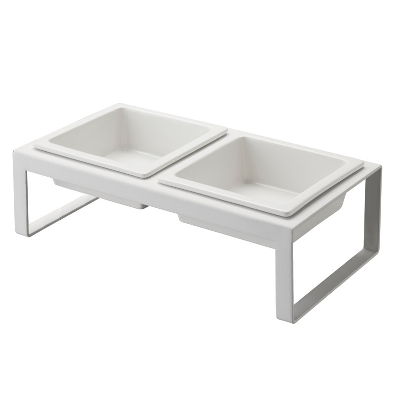 White Elevated Steel and Ceramic Pet Food Stand with Two Bowls