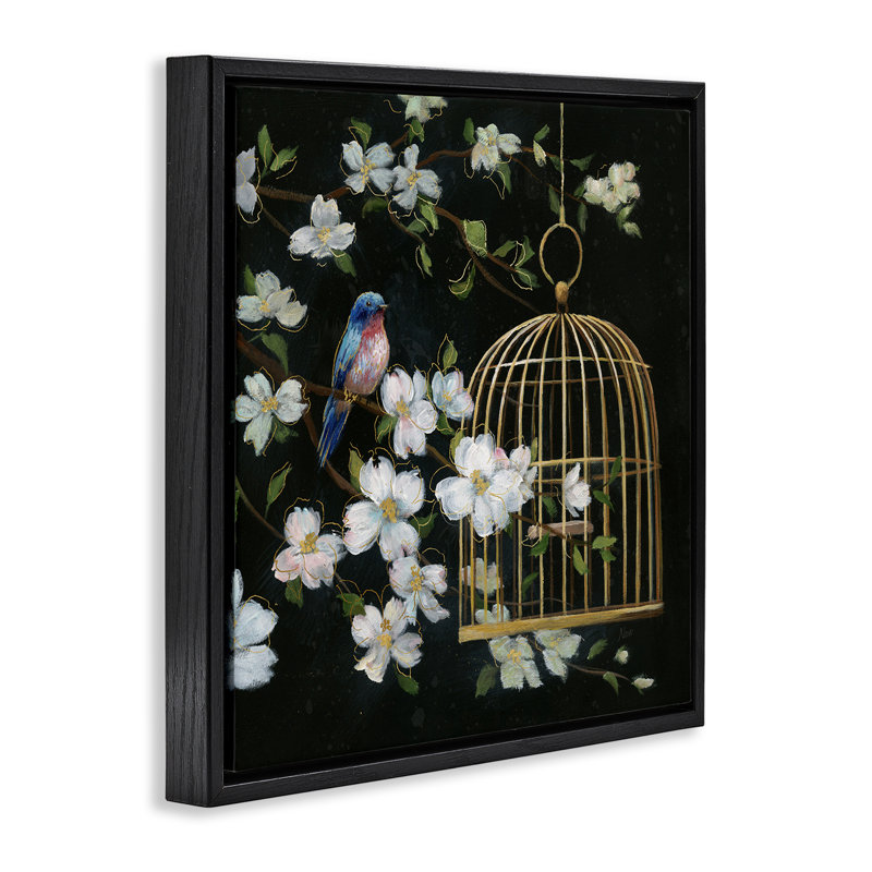 «Night Song Birdcage» sur cadre flottant noir, design par Nan, Cadre flottant noir de jais, H 18 po x l 18 po