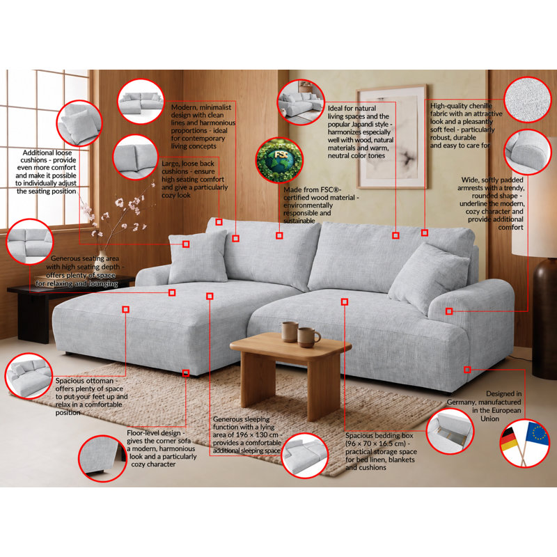 Melvano 4 Seater Corner Sofa, Left, Light Grey