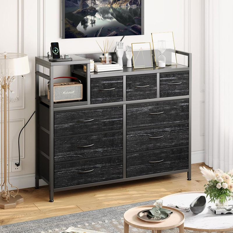 Modern 9-Drawer TV Stand with Charging Station & Power Outlets, Media Console Storage Dresser, Open Shelf Entertainment Center for Living Room, Bedroom