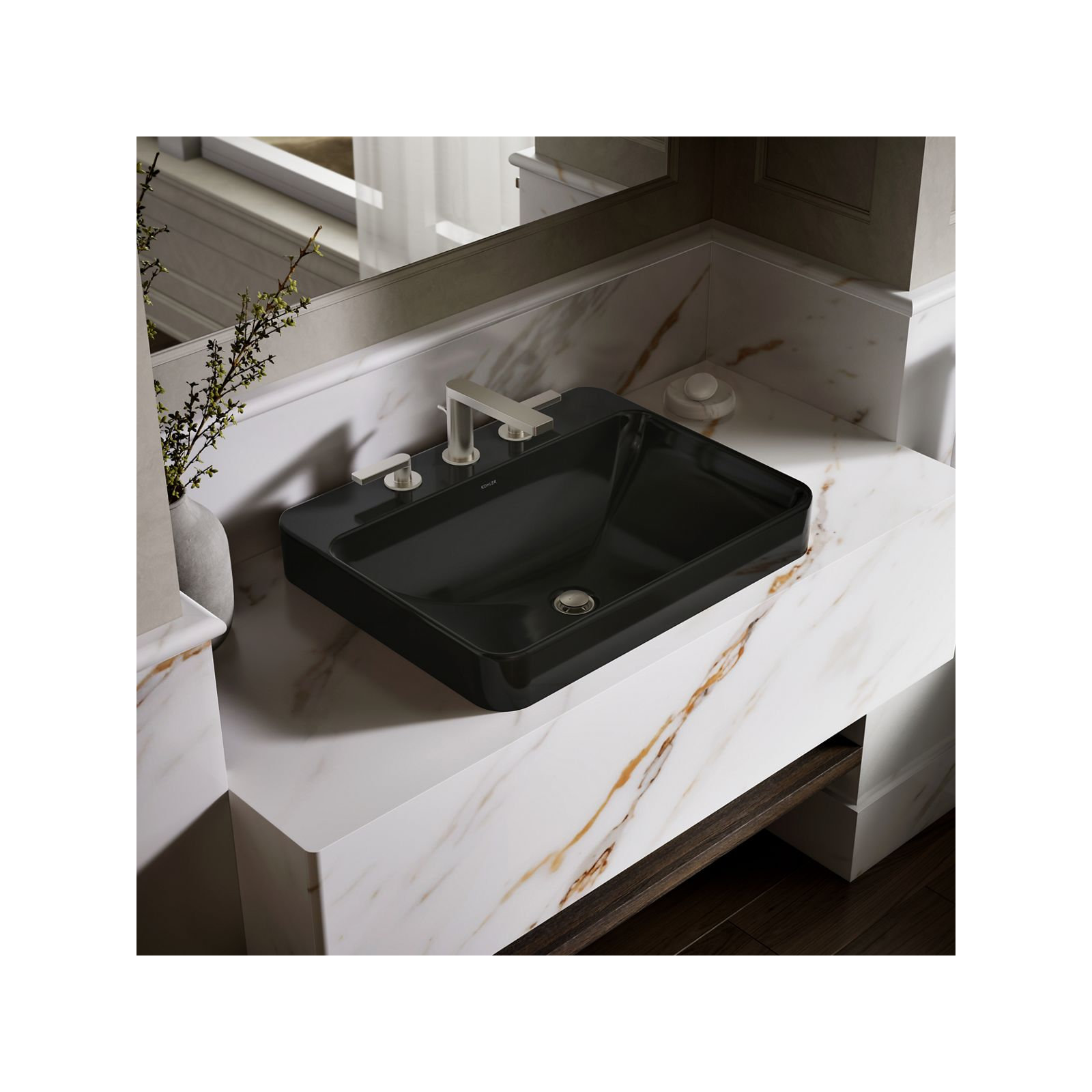 Vox Vitreous China Rectangular Vessel Bathroom Sink with Overflow, Black Black, 3