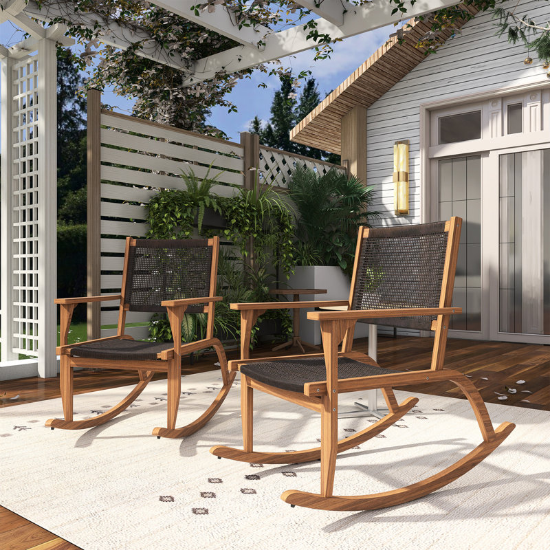 Ensemble de chaises berçantes d'extérieur 2 pièces avec structure en bois d'acacia et siège en osier, Brun foncé / noir