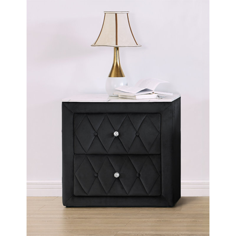 Table de chevet en faux marbre 1pc avec 2 tiroirs de rangement à finition grise et capitonnée