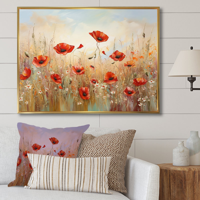 «Red and Golden Poppies Field I» sur toile, Cadre flottant doré, H 34 po x l 44 po