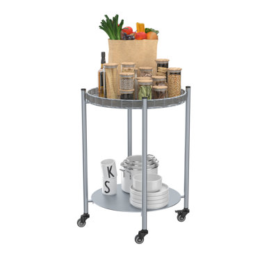 Round Silver Gray Metal Movable Table With Wheels, 2 - Tier Design For Bedroom And Living Room, Effortless Movement, Spacious Shelves Toiletries Perfect As Nightstand Or End Table, Mobility, Books