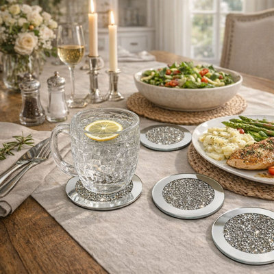 Ensemble de 4 sous-verres en verre à miroir avec motif de diamant concassé, 4 tasses décoratives pour table de salle à manger, bar et comptoir