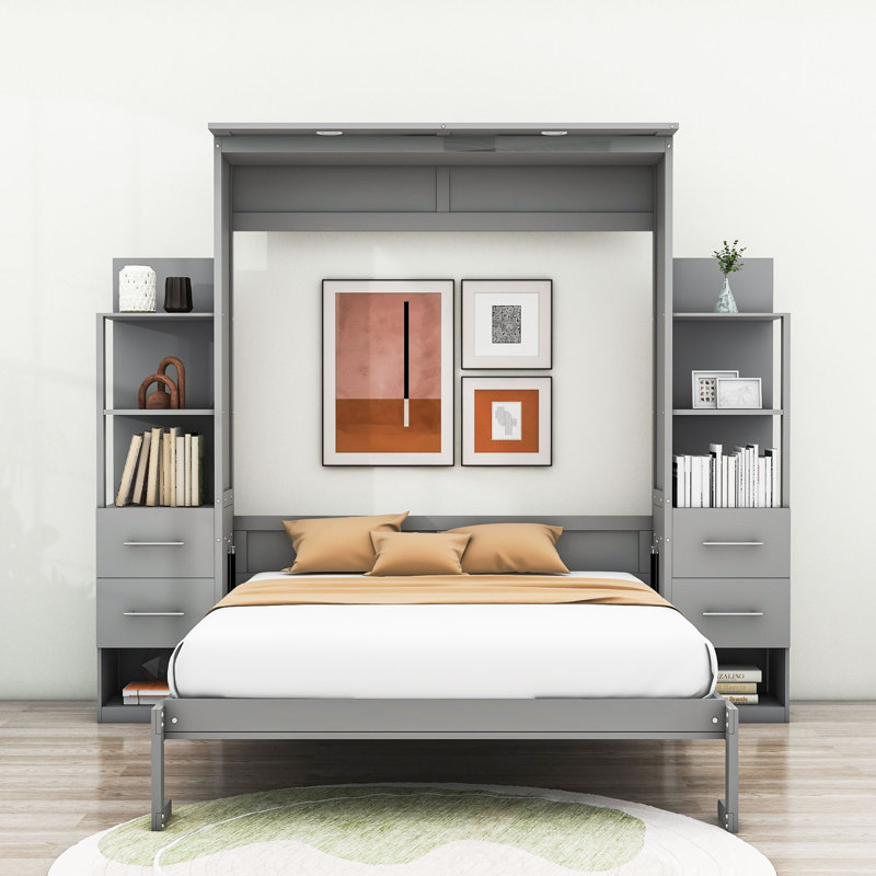 Murphy Bed Wall Bed with Shelves, Drawers and LED Lights, Gris, Grand