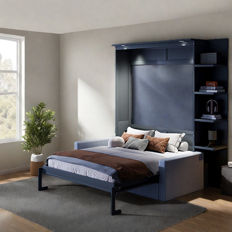 Lit escamotable gris moderne et peu encombrant avec canapé confortable