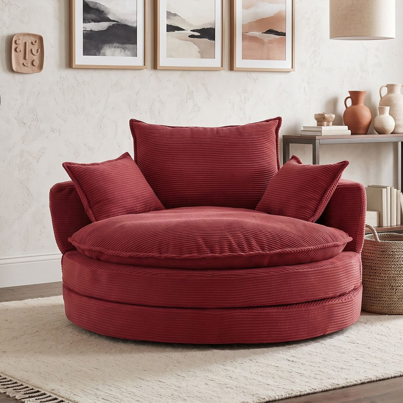 Fauteuil pivotant rond en forme de baril avec coussin et oreillers de soutien amovibles, Rouge