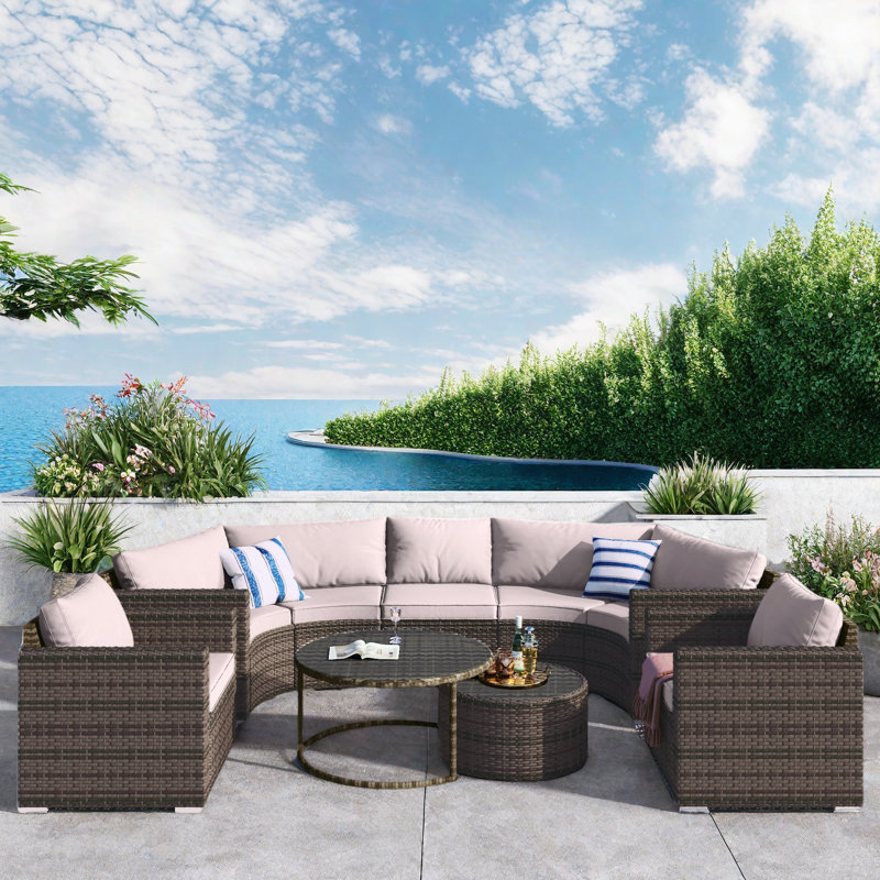 9-piece Outdoor Half-moon Wicker Conversation Sets With 1 Nesting Coffee Table And Tempered Glass Top