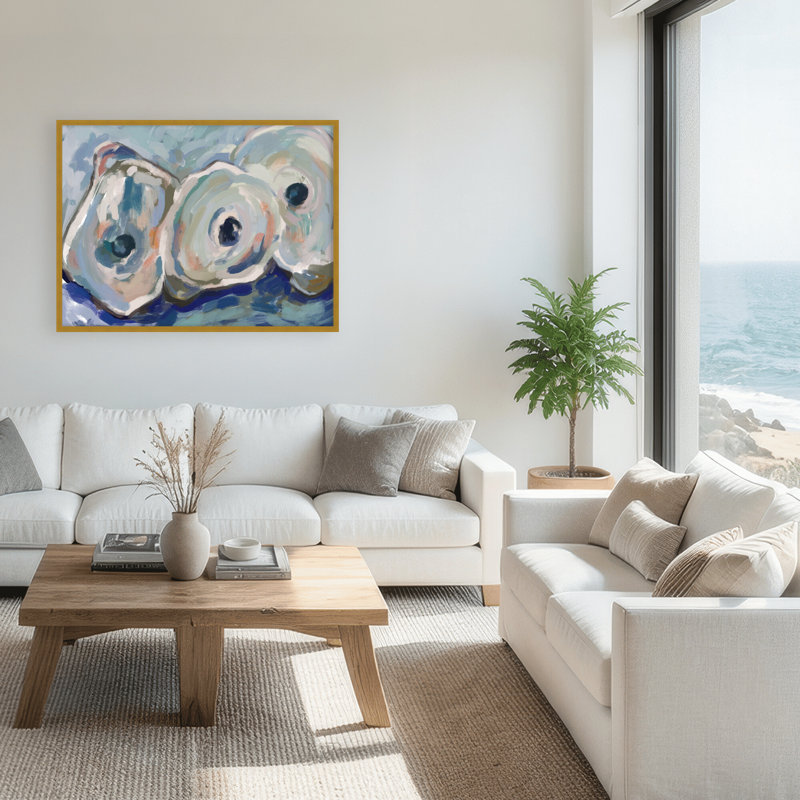 Coastal Retreat Pearlescent Elegance: Oyster Abstract, 30" H x 40" W x 1.125" D, Framed Print, Gold