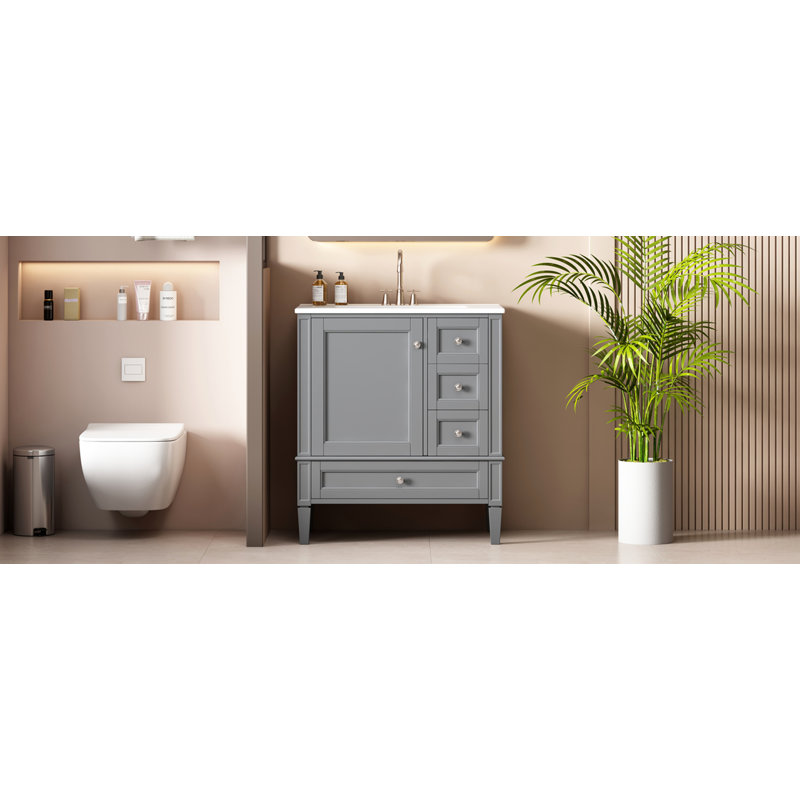Meuble-lavabo de salle de bain 30 po avec lavabo en céramique, 3 tiroirs, armoire de rangement moderne en bois massif, Gris