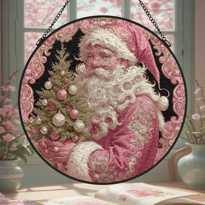 Santa Holding Christmas Tree Stained Glass Panels Suncatcher for Window Decor